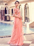 Attractive Peach Thread Work Organza Party Wear Saree With Blouse - Zeel Clothing