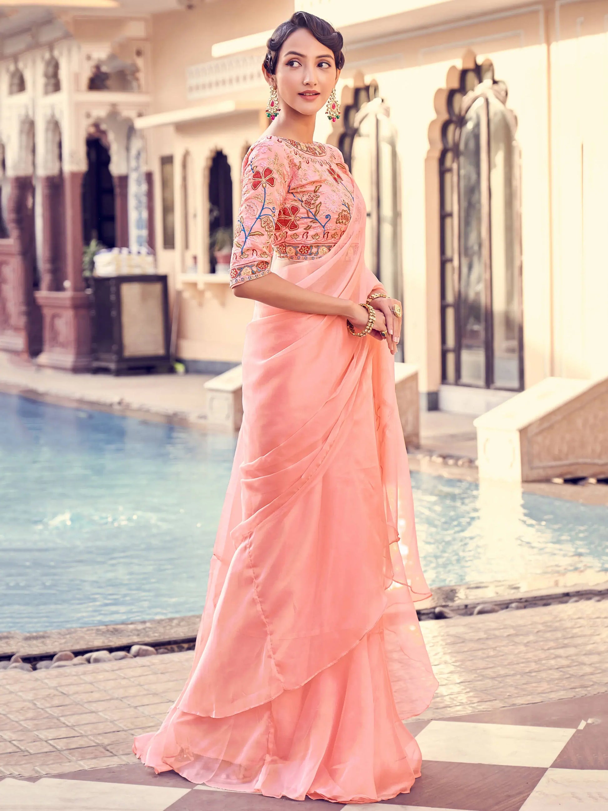Attractive Peach Thread Work Organza Party Wear Saree With Blouse - Zeel Clothing