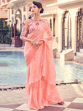 Attractive Peach Thread Work Organza Party Wear Saree With Blouse - Zeel Clothing