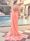 Attractive Peach Thread Work Organza Party Wear Saree With Blouse - Zeel Clothing