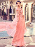 Attractive Peach Thread Work Organza Party Wear Saree With Blouse - Zeel Clothing