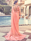 Attractive Peach Thread Work Organza Party Wear Saree With Blouse - Zeel Clothing