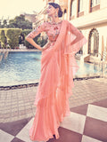 Attractive Peach Thread Work Organza Party Wear Saree With Blouse - Zeel Clothing