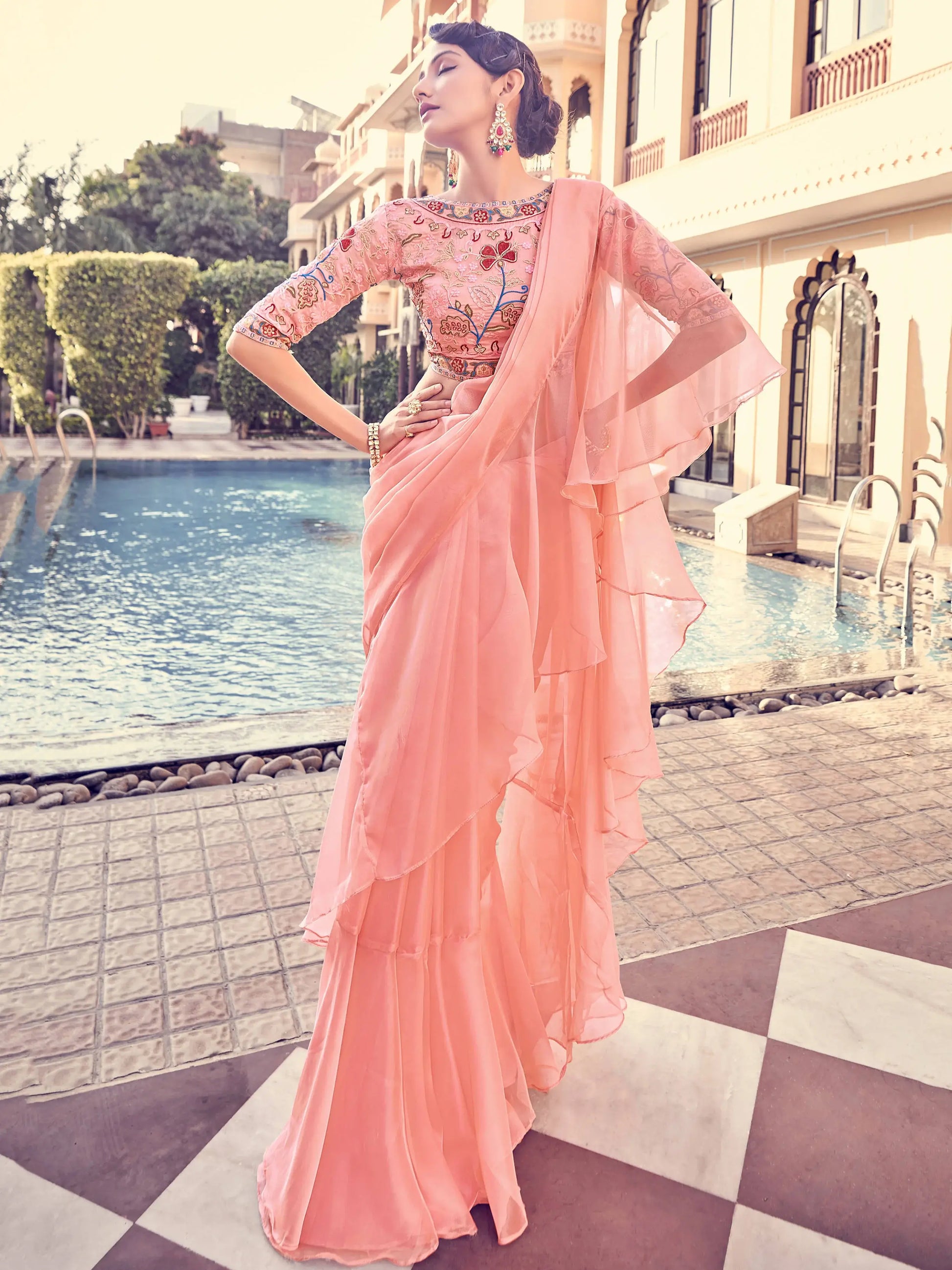 Attractive Peach Thread Work Organza Party Wear Saree With Blouse - Zeel Clothing