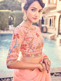 Attractive Peach Thread Work Organza Party Wear Saree With Blouse - Zeel Clothing