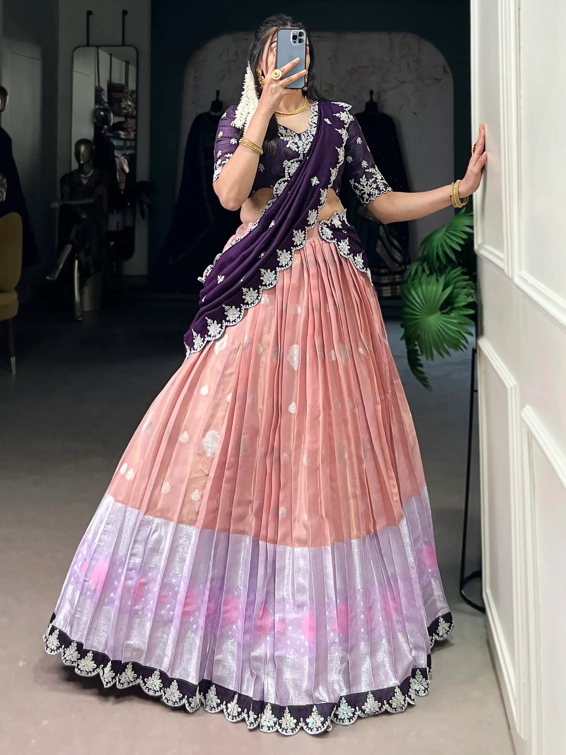 Attractive Peach Zari Weaving Silk Event Wear Half Saree Lehenga - Zeel Clothing