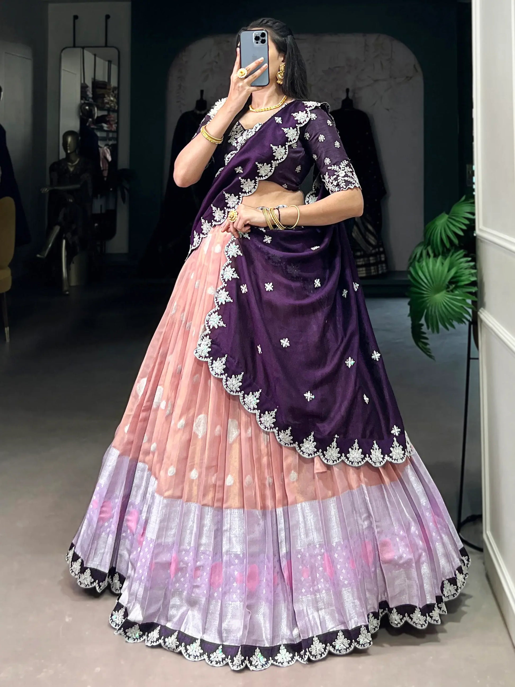 Attractive Peach Zari Weaving Silk Event Wear Half Saree Lehenga - Zeel Clothing