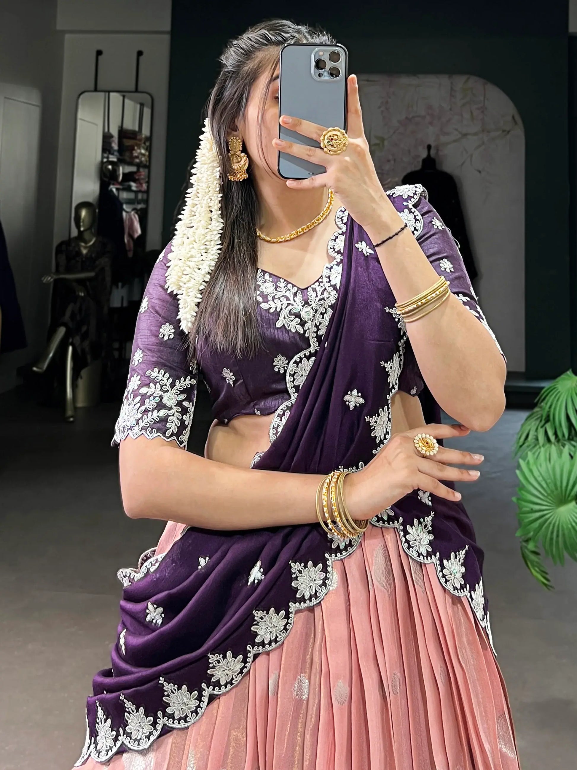 Attractive Peach Zari Weaving Silk Event Wear Half Saree Lehenga - Zeel Clothing