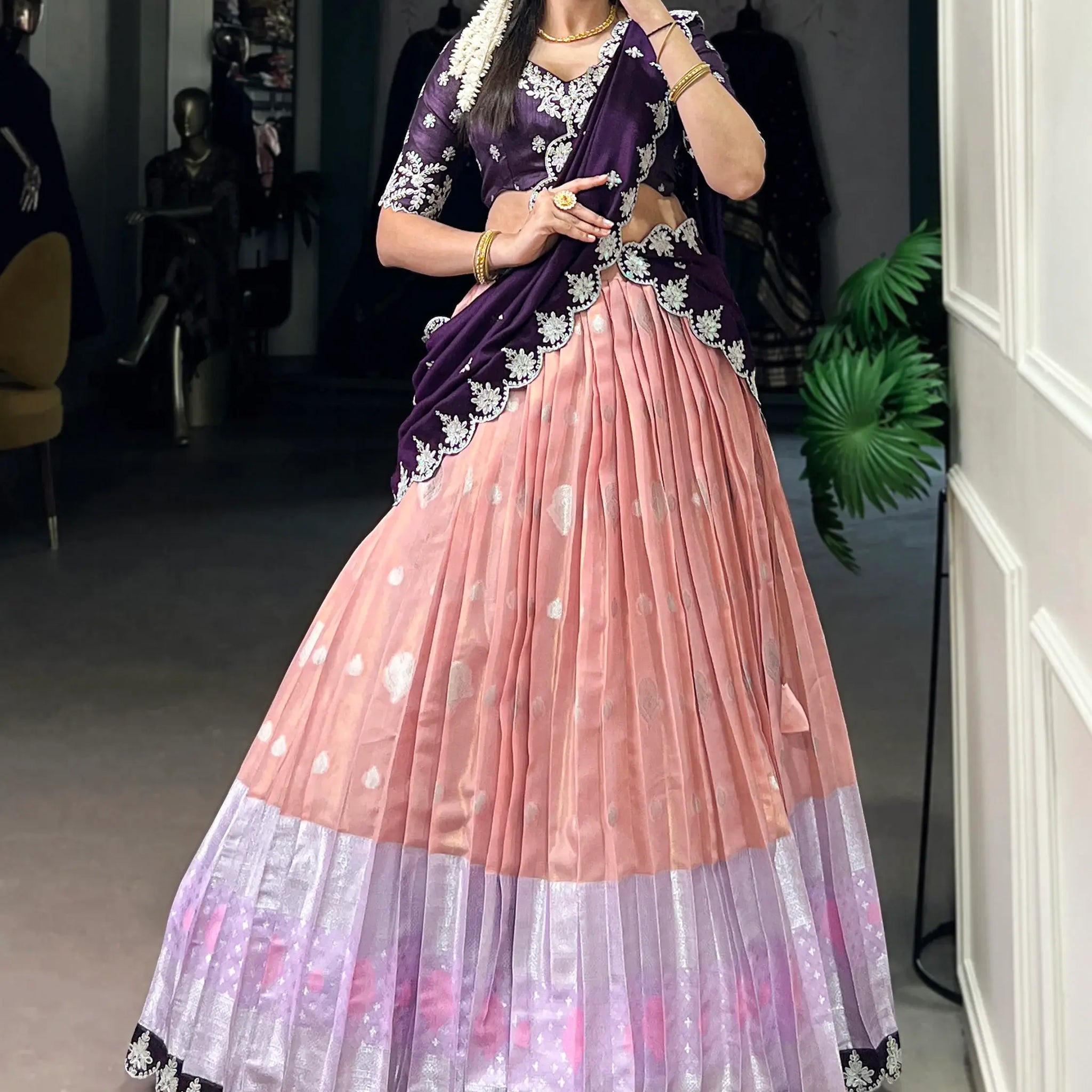 Attractive Peach Zari Weaving Silk Event Wear Half Saree Lehenga - Zeel Clothing