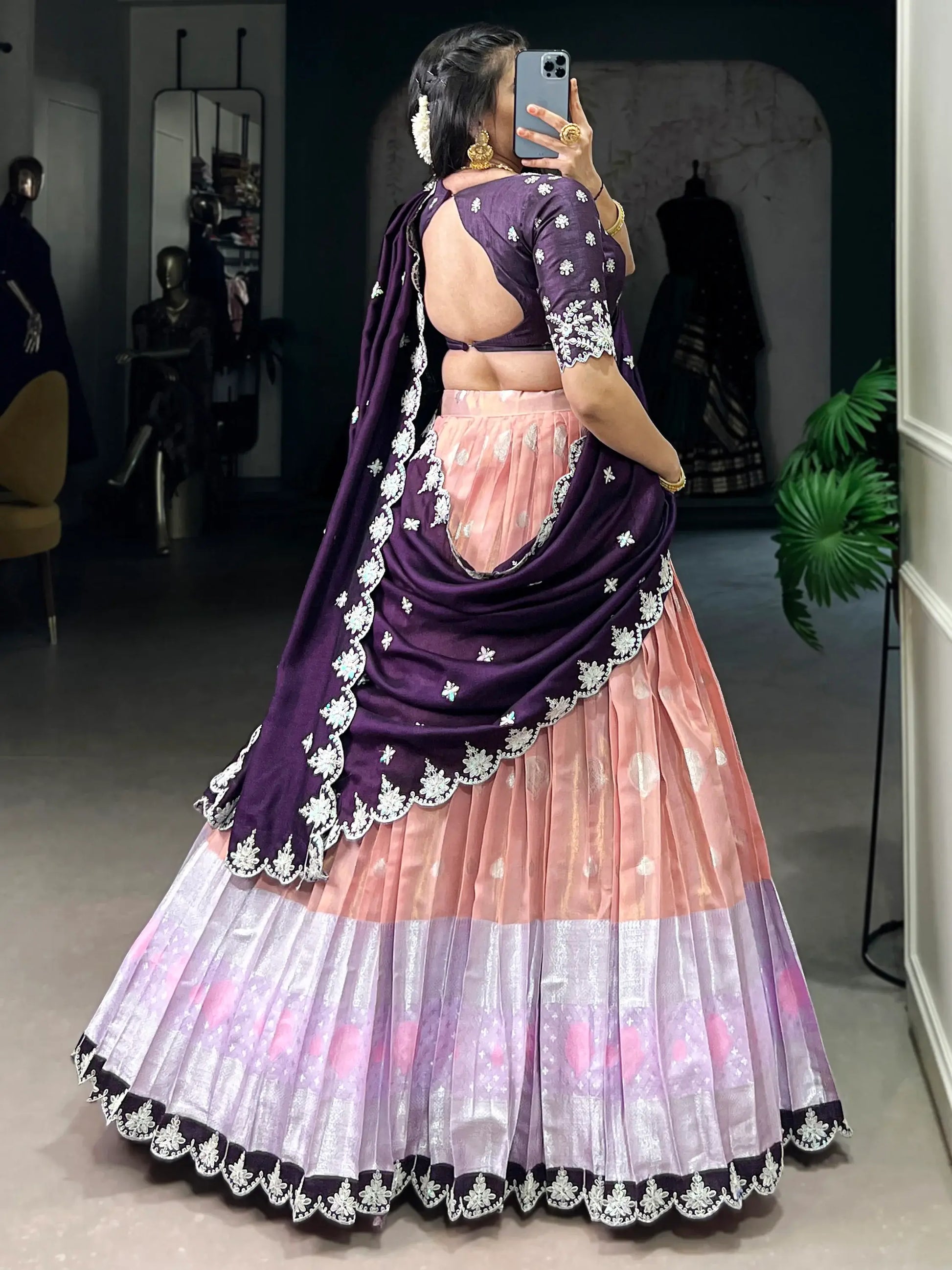 Attractive Peach Zari Weaving Silk Event Wear Half Saree Lehenga - Zeel Clothing