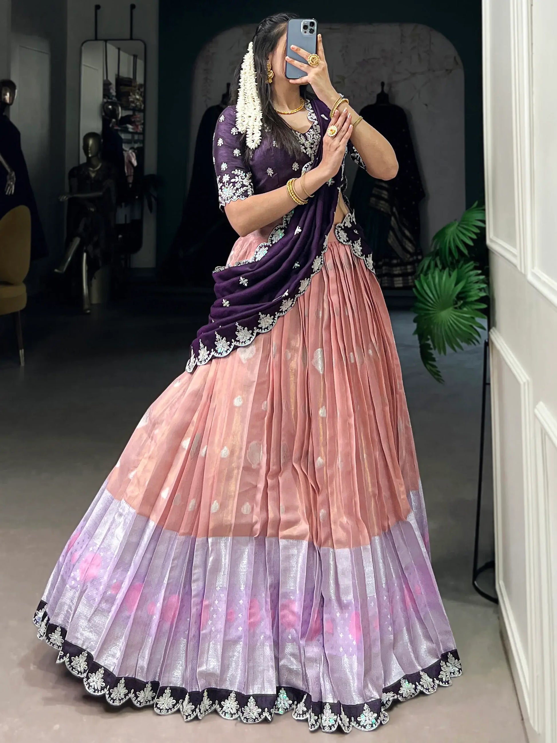 Attractive Peach Zari Weaving Silk Event Wear Half Saree Lehenga - Zeel Clothing