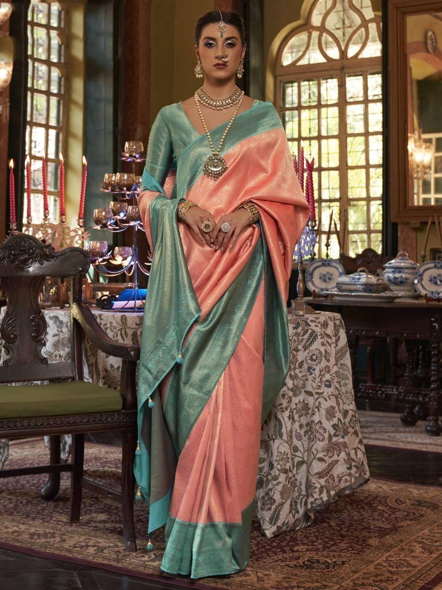 Attractive Peach Zari Woven Kanjivaram Silk Reception Wear Saree - Zeel Clothing