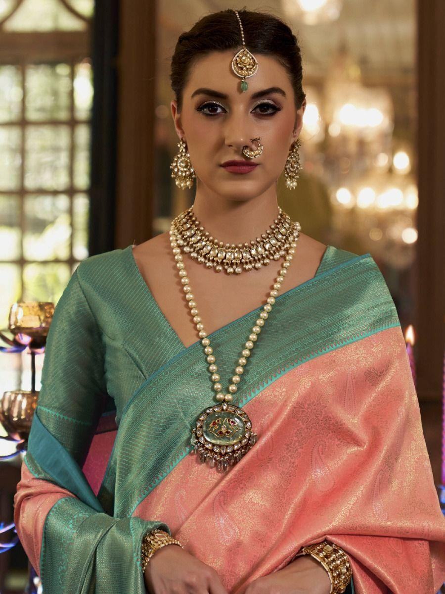 Attractive Peach Zari Woven Kanjivaram Silk Reception Wear Saree - Zeel Clothing