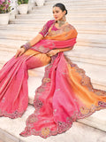 Attractive Pink & Orange Heavy Border Work Jacquard Silk Wedding Saree - Zeel Clothing
