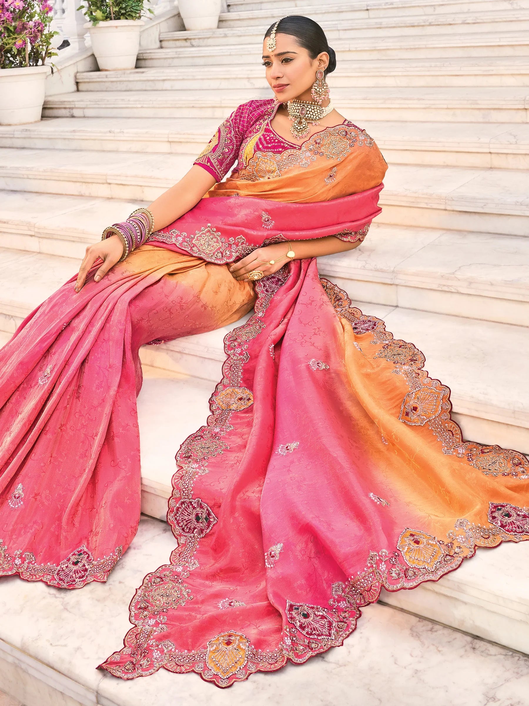 Attractive Pink & Orange Heavy Border Work Jacquard Silk Wedding Saree - Zeel Clothing
