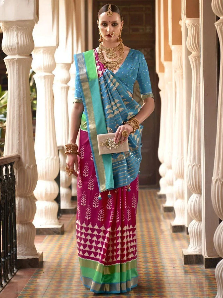 Attractive Pink And Sky Blue Digital Printed Patola Silk Wedding Wear Saree