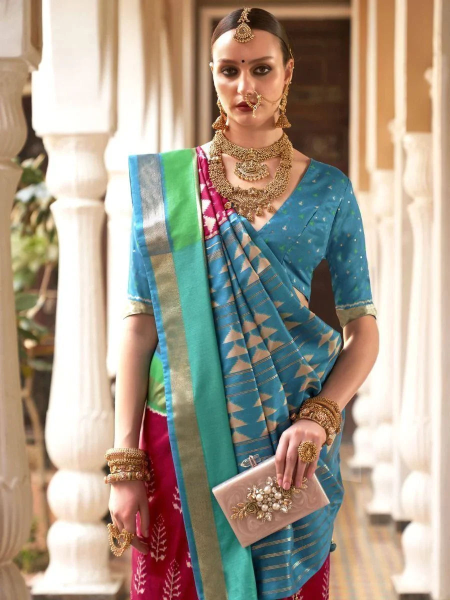 Attractive Pink And Sky Blue Digital Printed Patola Silk Wedding Wear Saree