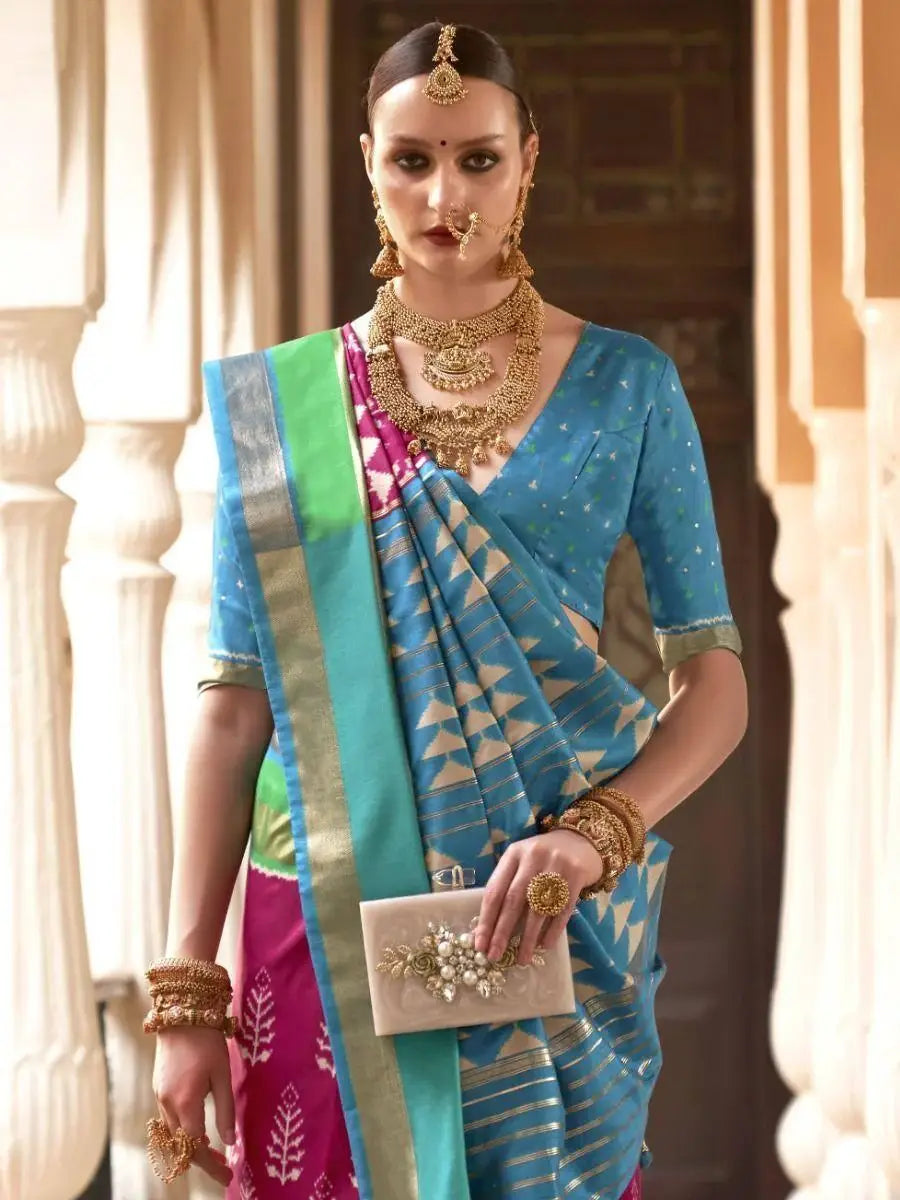 Attractive Pink And Sky Blue Digital Printed Patola Silk Wedding Wear Saree - Zeel Clothing