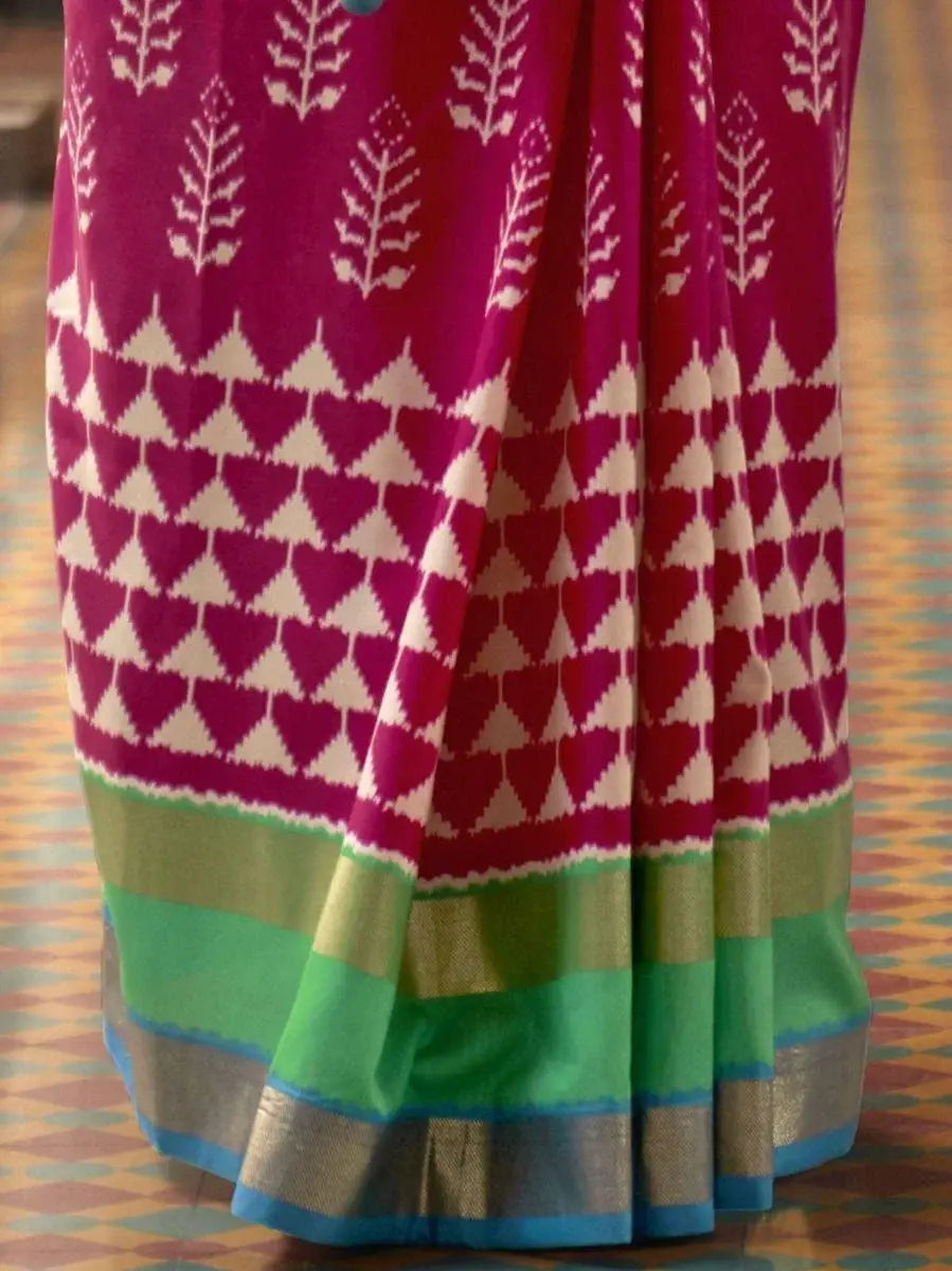 Attractive Pink And Sky Blue Digital Printed Patola Silk Wedding Wear Saree - Zeel Clothing