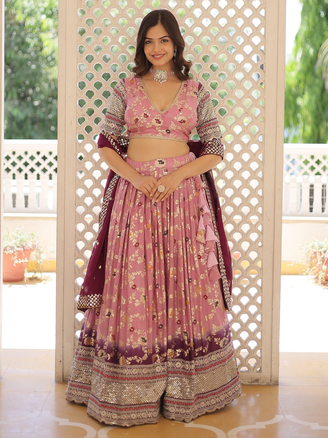 Attractive Pink Embroidered Jacquard  Sangeet Wear Lehenga Choli