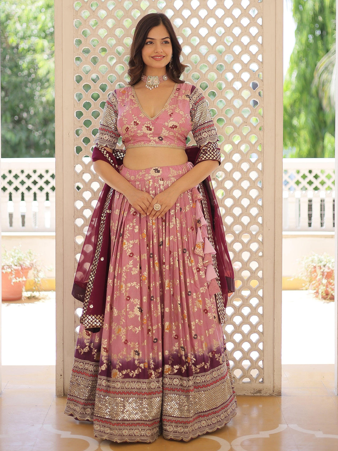 Attractive Pink Embroidered Jacquard  Sangeet Wear Lehenga Choli