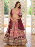 Attractive Pink Embroidered Jacquard  Sangeet Wear Lehenga Choli