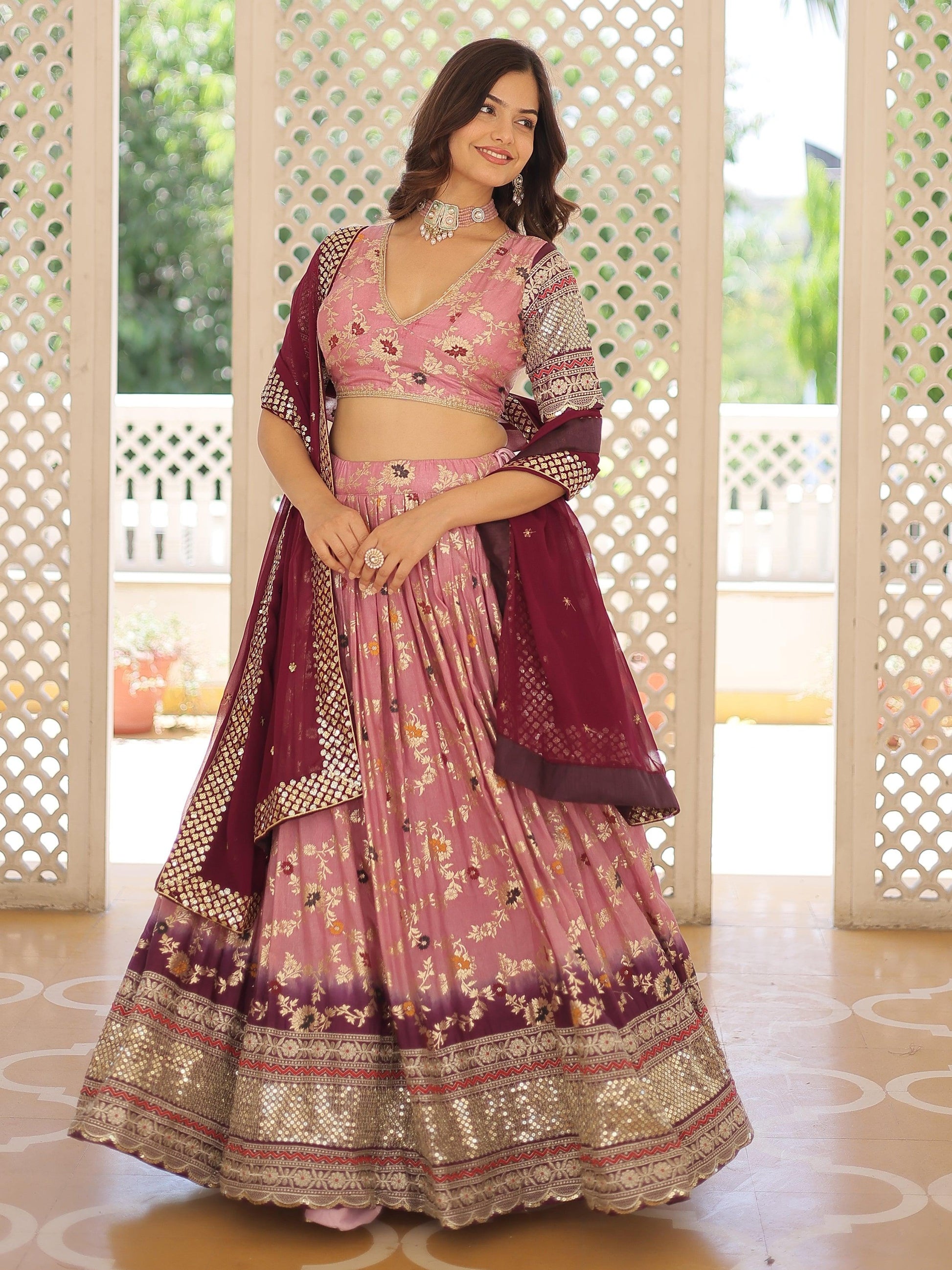 Attractive Pink Embroidered Jacquard  Sangeet Wear Lehenga Choli