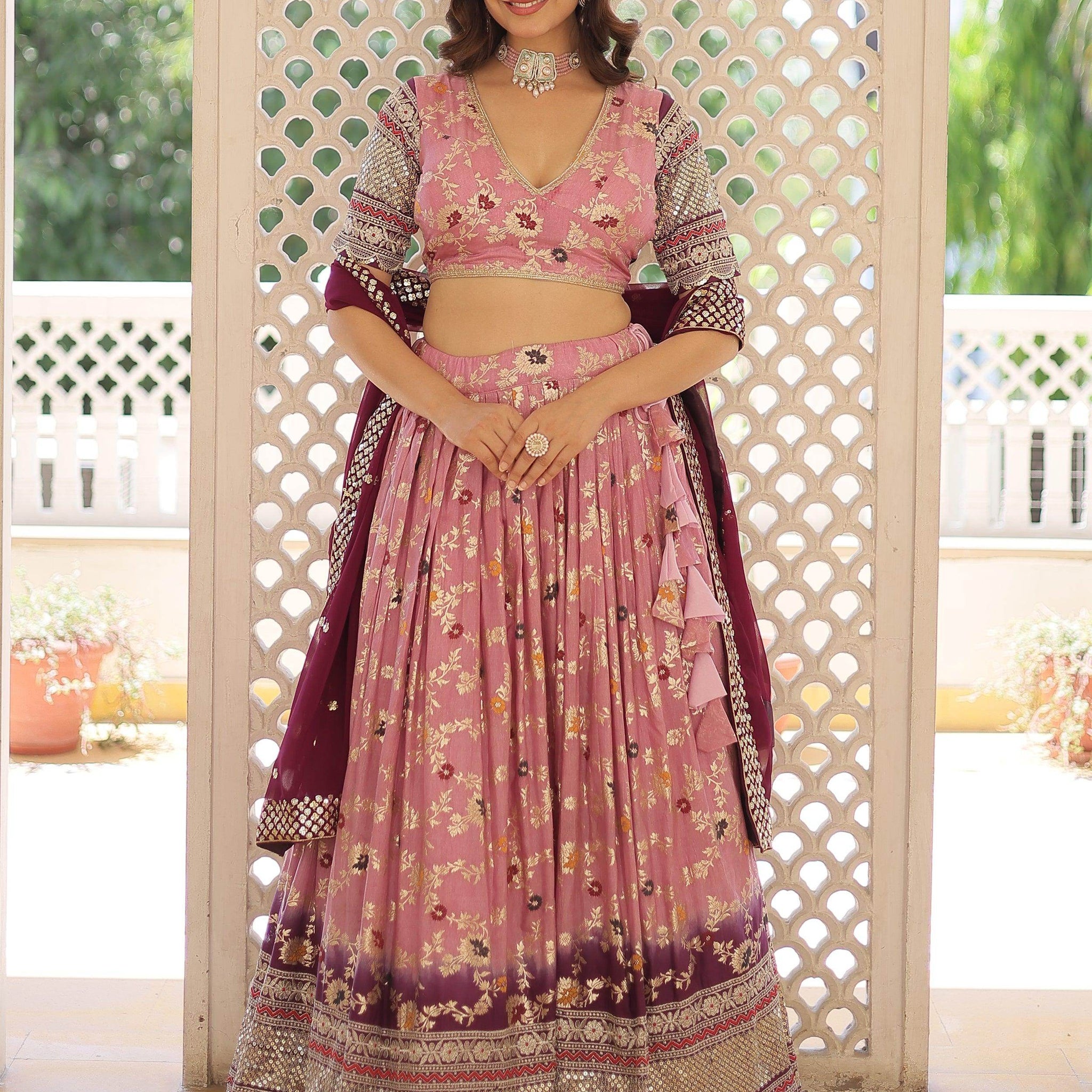 Attractive Pink Embroidered Jacquard Sangeet Wear Lehenga Choli - Zeel Clothing