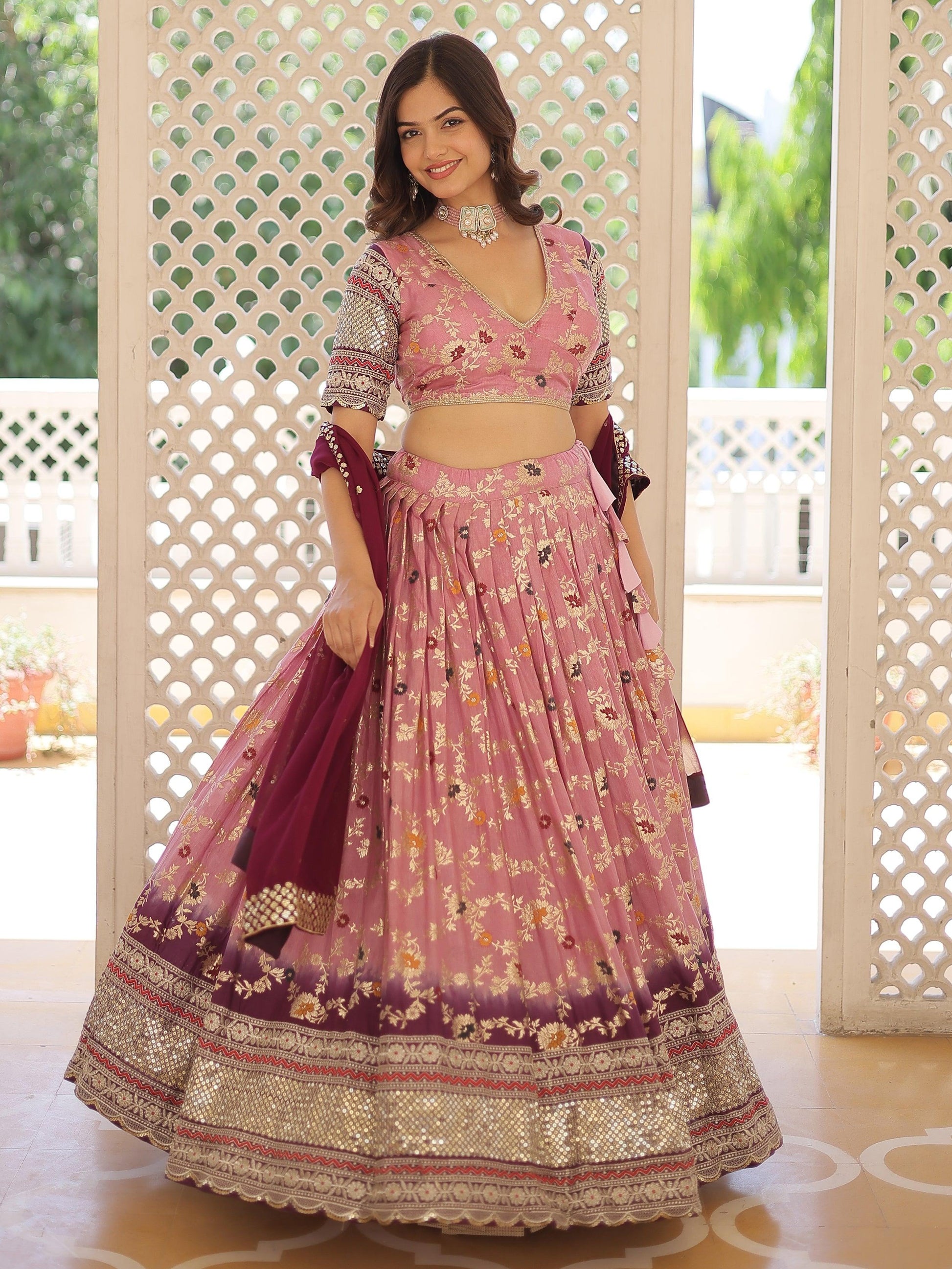 Attractive Pink Embroidered Jacquard  Sangeet Wear Lehenga Choli