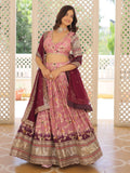 Attractive Pink Embroidered Jacquard Sangeet Wear Lehenga Choli - Zeel Clothing