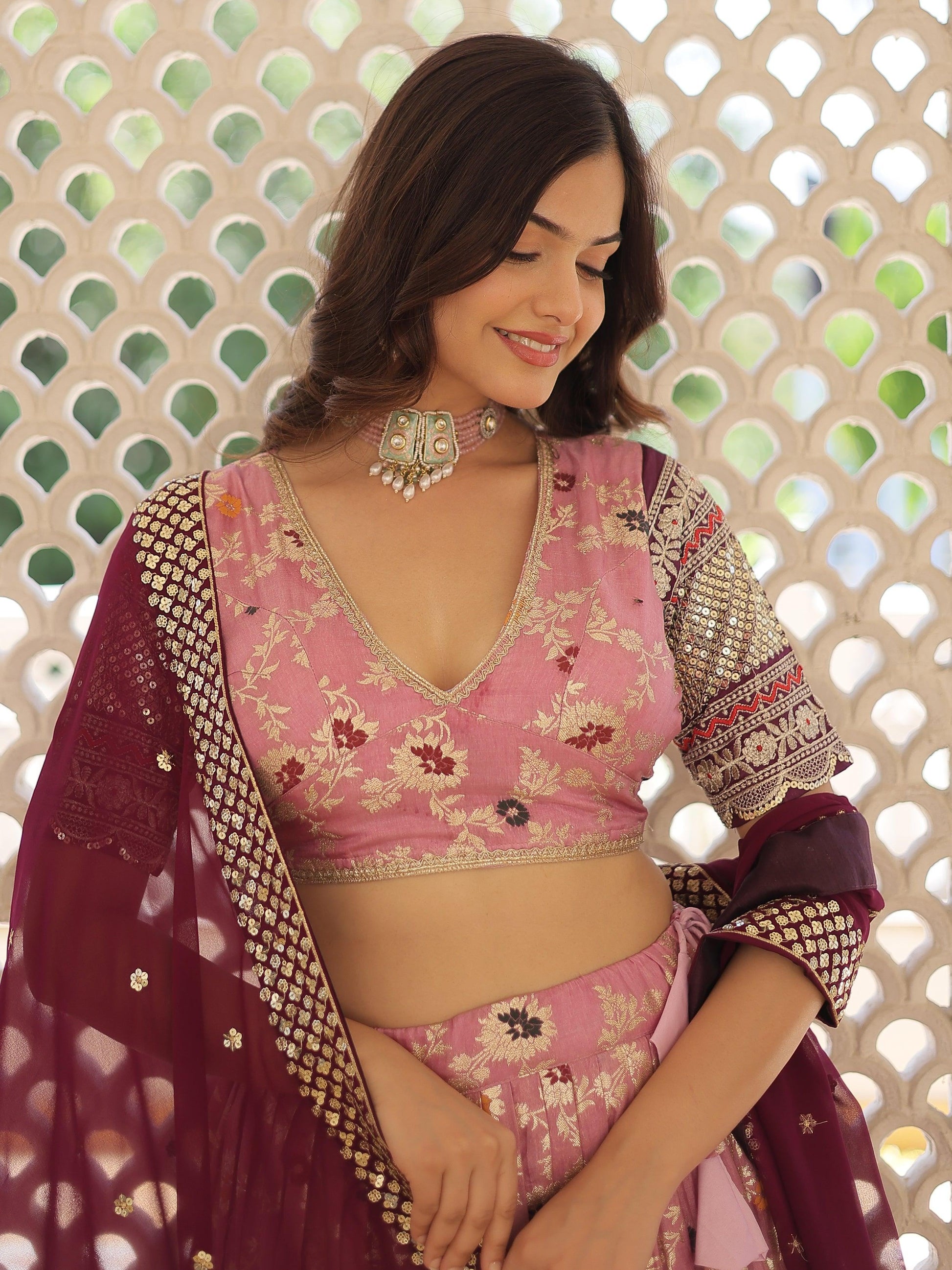Attractive Pink Embroidered Jacquard  Sangeet Wear Lehenga Choli