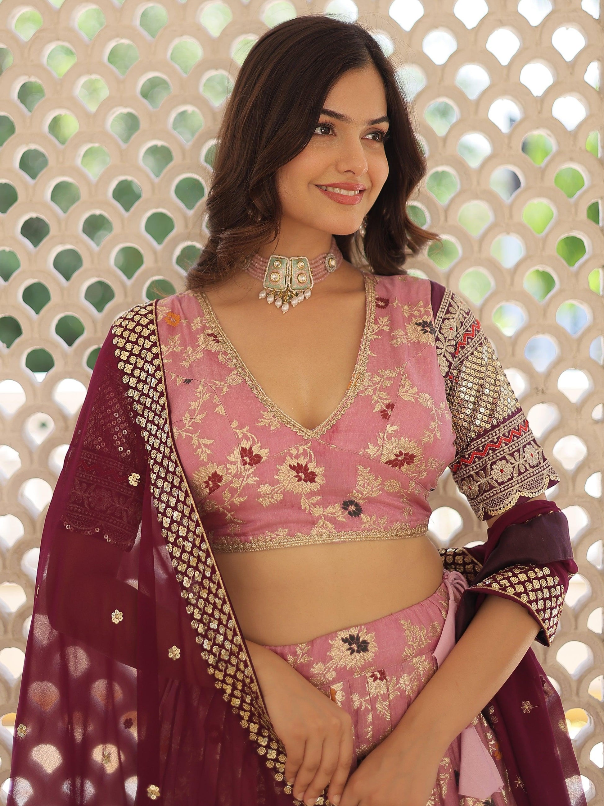 Attractive Pink Embroidered Jacquard  Sangeet Wear Lehenga Choli