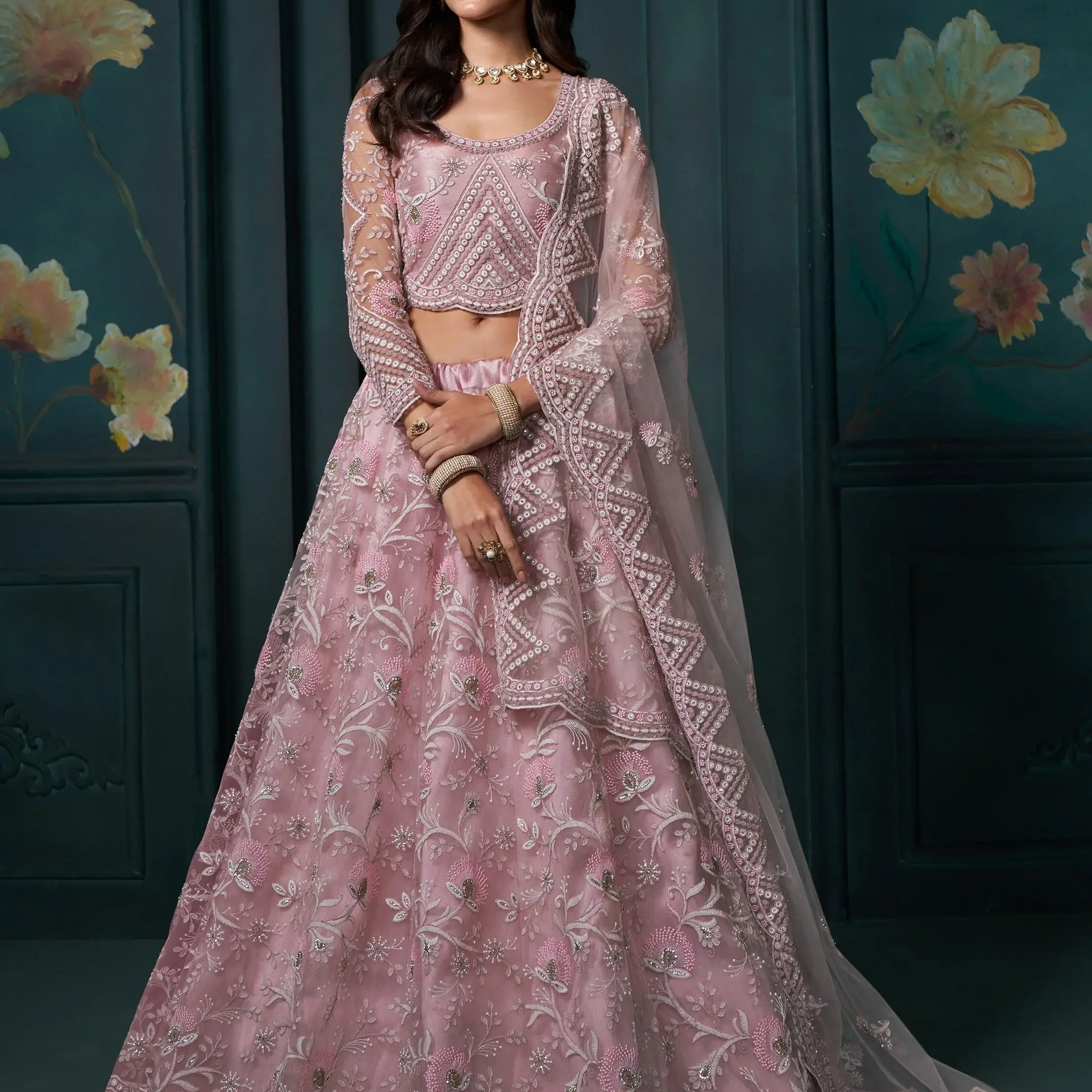 Attractive Pink Embroidered Net Bridesmaid Lehenga Choli - Zeel Clothing