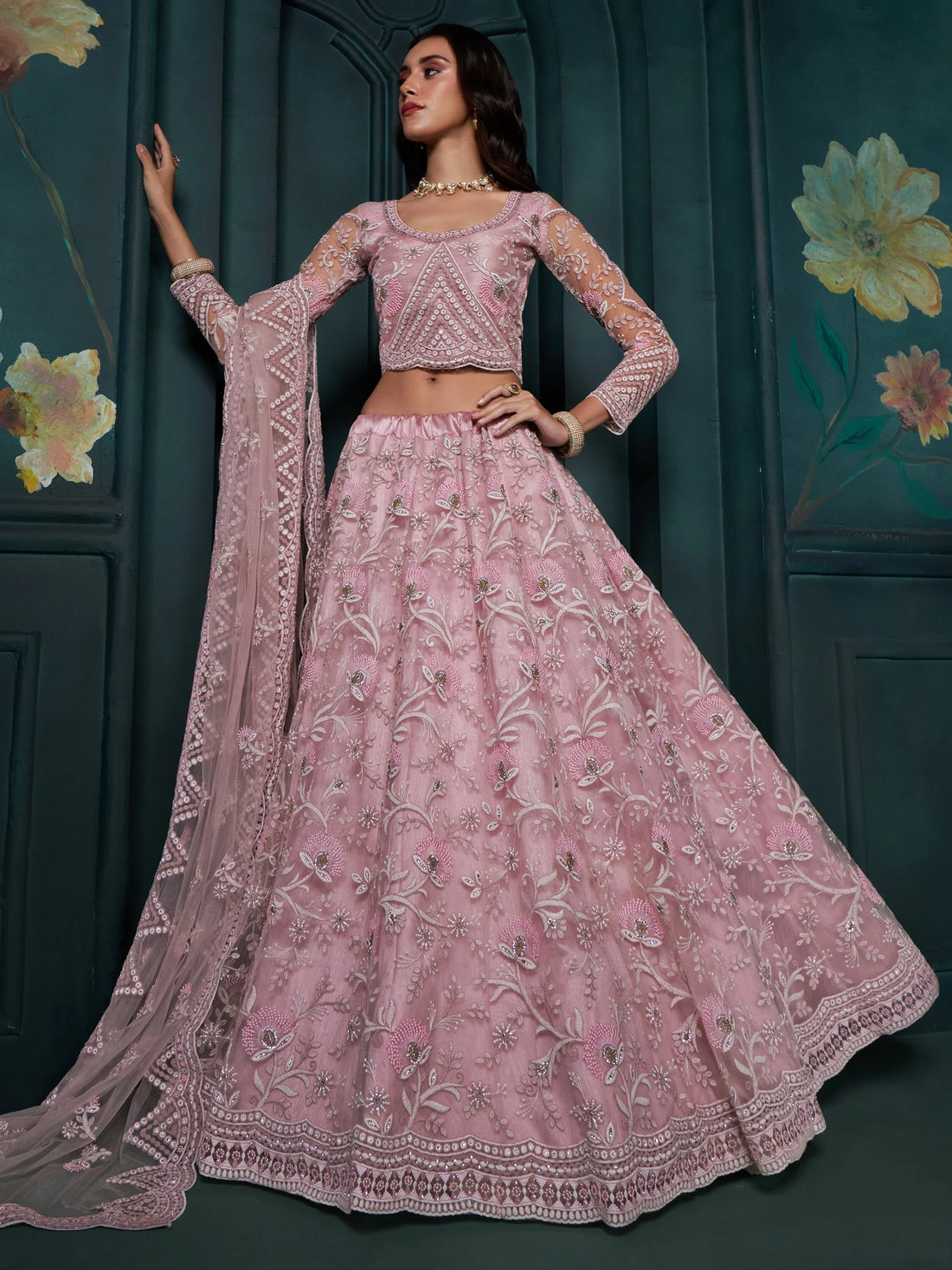 Attractive Pink Embroidered Net Bridesmaid Lehenga Choli - Zeel Clothing