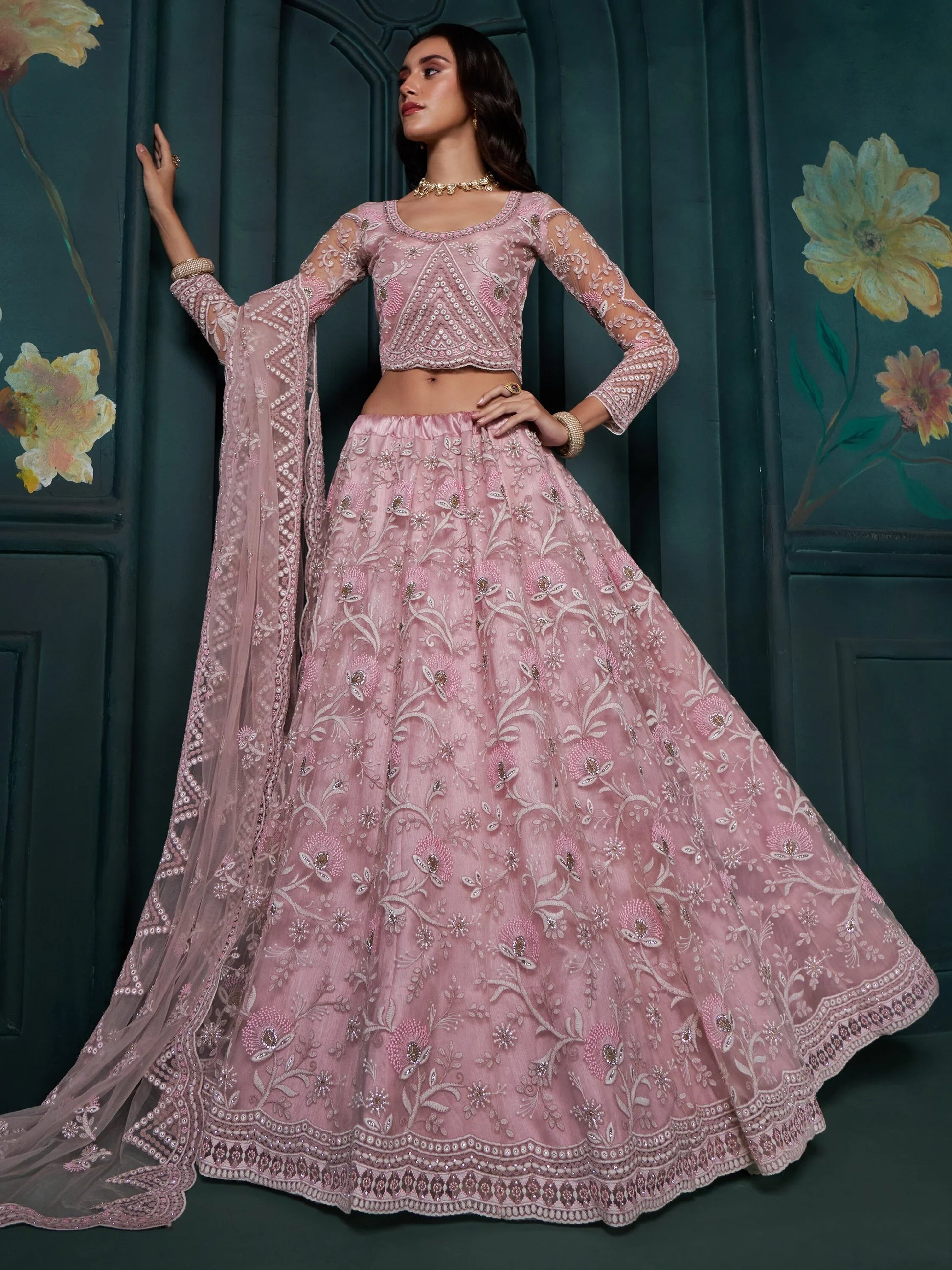 Attractive Pink Embroidered Net Bridesmaid Lehenga Choli - Zeel Clothing