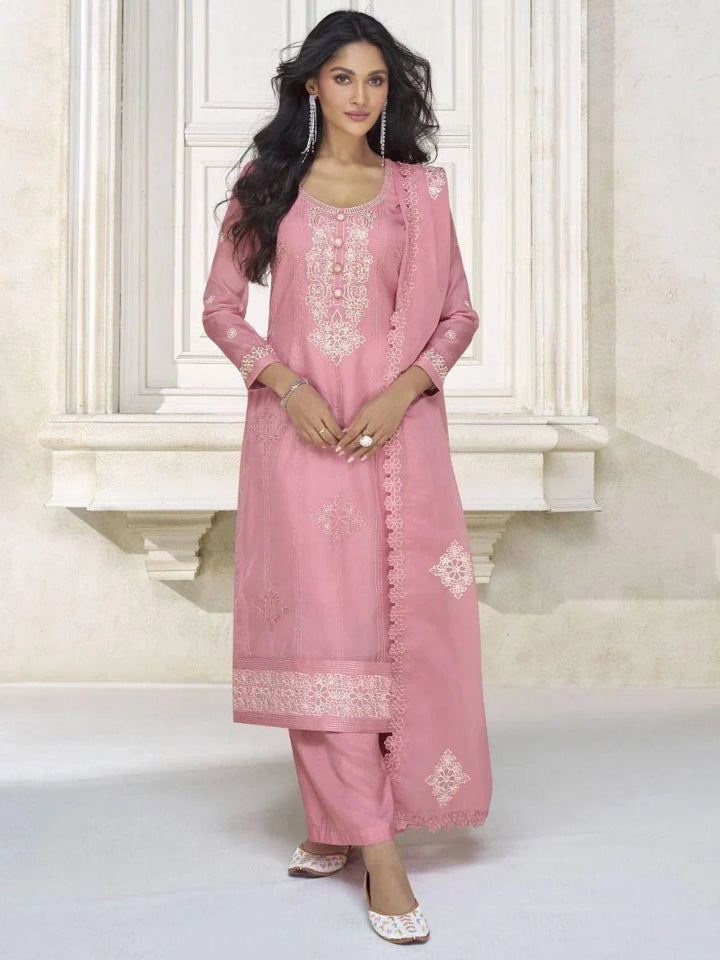 Attractive Pink Embroidered Organza Event Wear Pant Suit With Dupatta