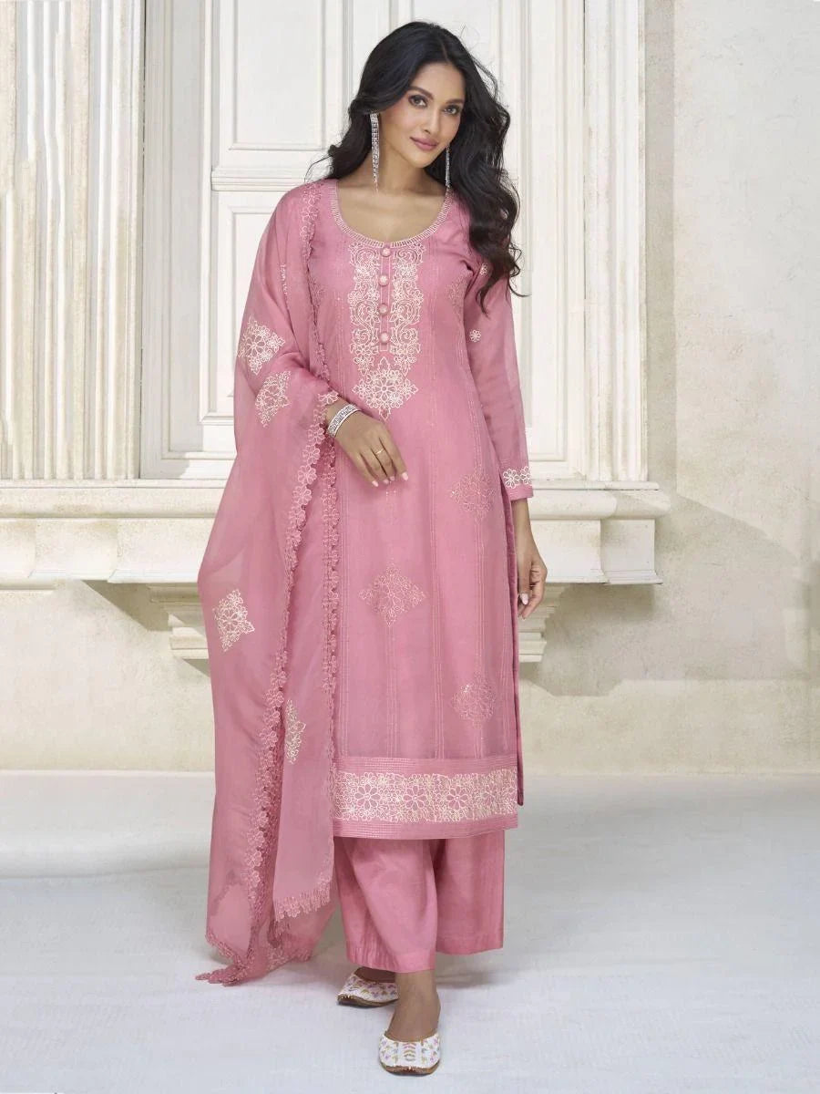 Attractive Pink Embroidered Organza Event Wear Pant Suit With Dupatta
