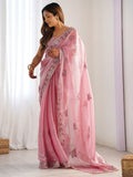 Attractive Pink Embroidered Organza Party Wear Saree With Blouse - Zeel Clothing