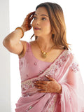 Attractive Pink Embroidered Organza Party Wear Saree With Blouse - Zeel Clothing