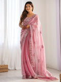 Attractive Pink Embroidered Organza Party Wear Saree With Blouse - Zeel Clothing
