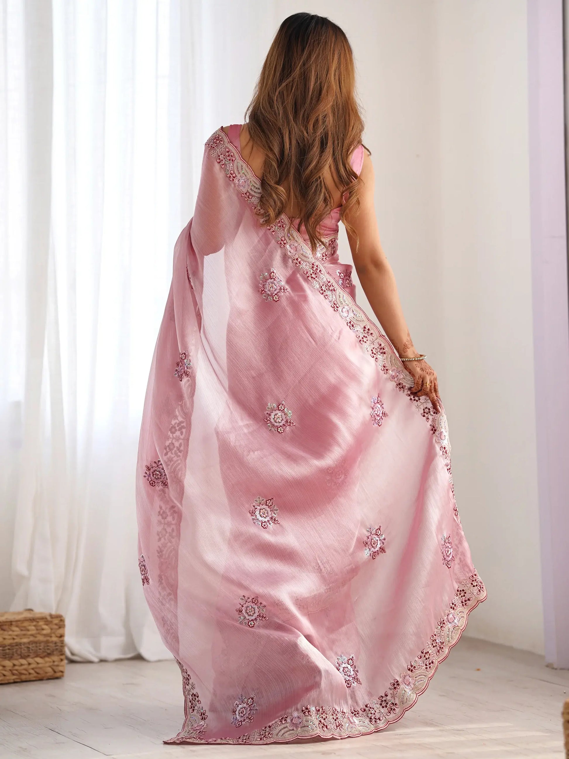 Attractive Pink Embroidered Organza Party Wear Saree With Blouse - Zeel Clothing