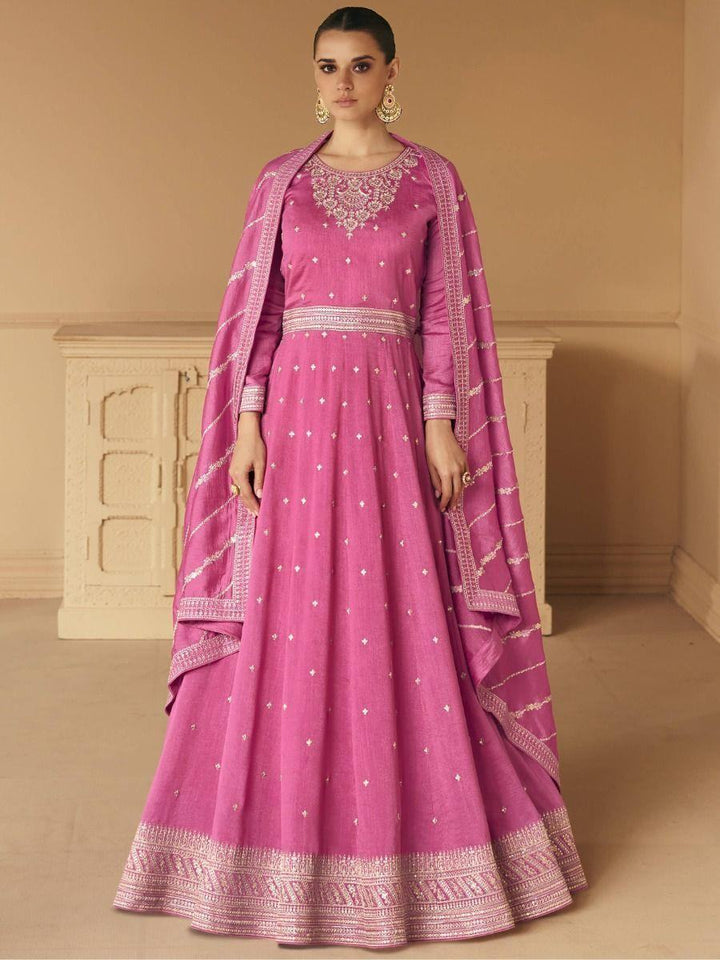 Attractive Pink Embroidered Silk Festival Wear Gown With Dupatta