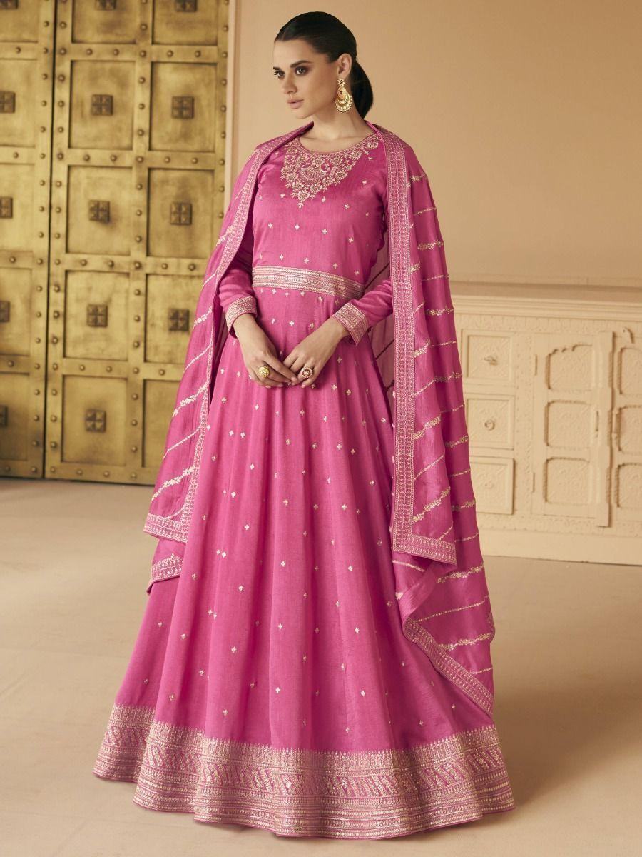 Attractive Pink Embroidered Silk Festival Wear Gown With Dupatta