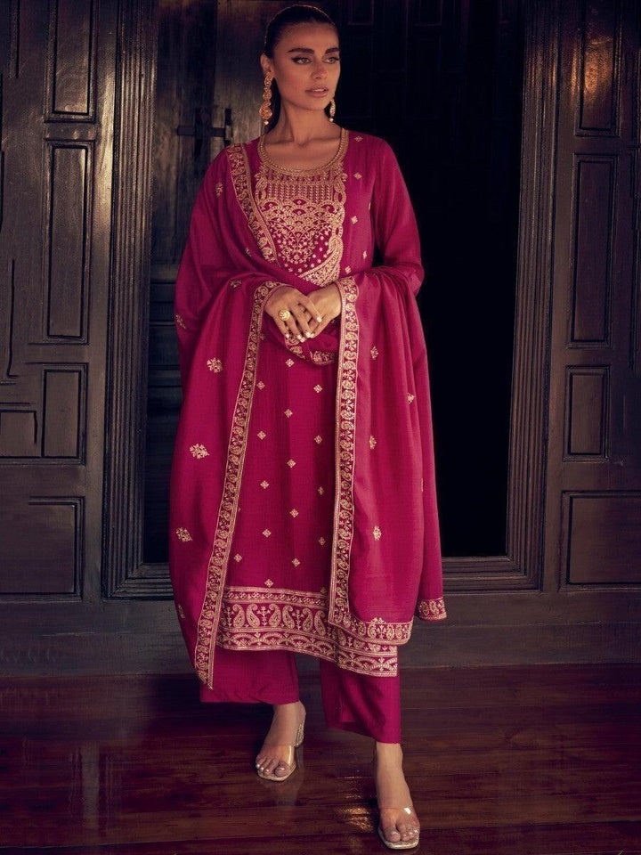 Attractive Pink Embroidered Silk Festive Wear Pant Suit With Dupatta