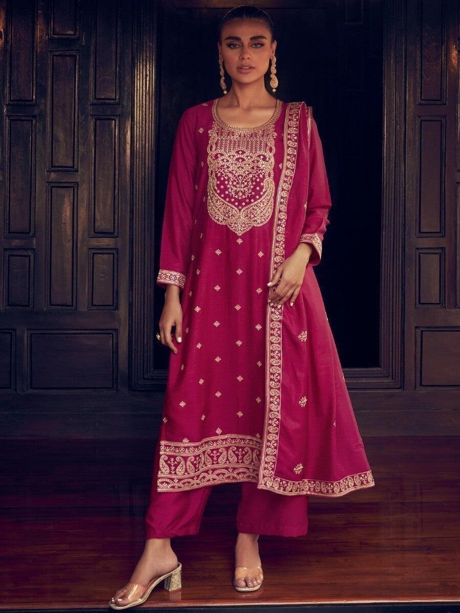 Attractive Pink Embroidered Silk Festive Wear Pant Suit With Dupatta