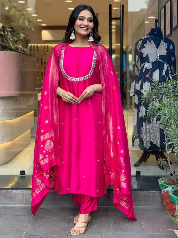 Attractive Pink Embroidered Viscose Pant Suit With Dupatta - Zeel Clothing