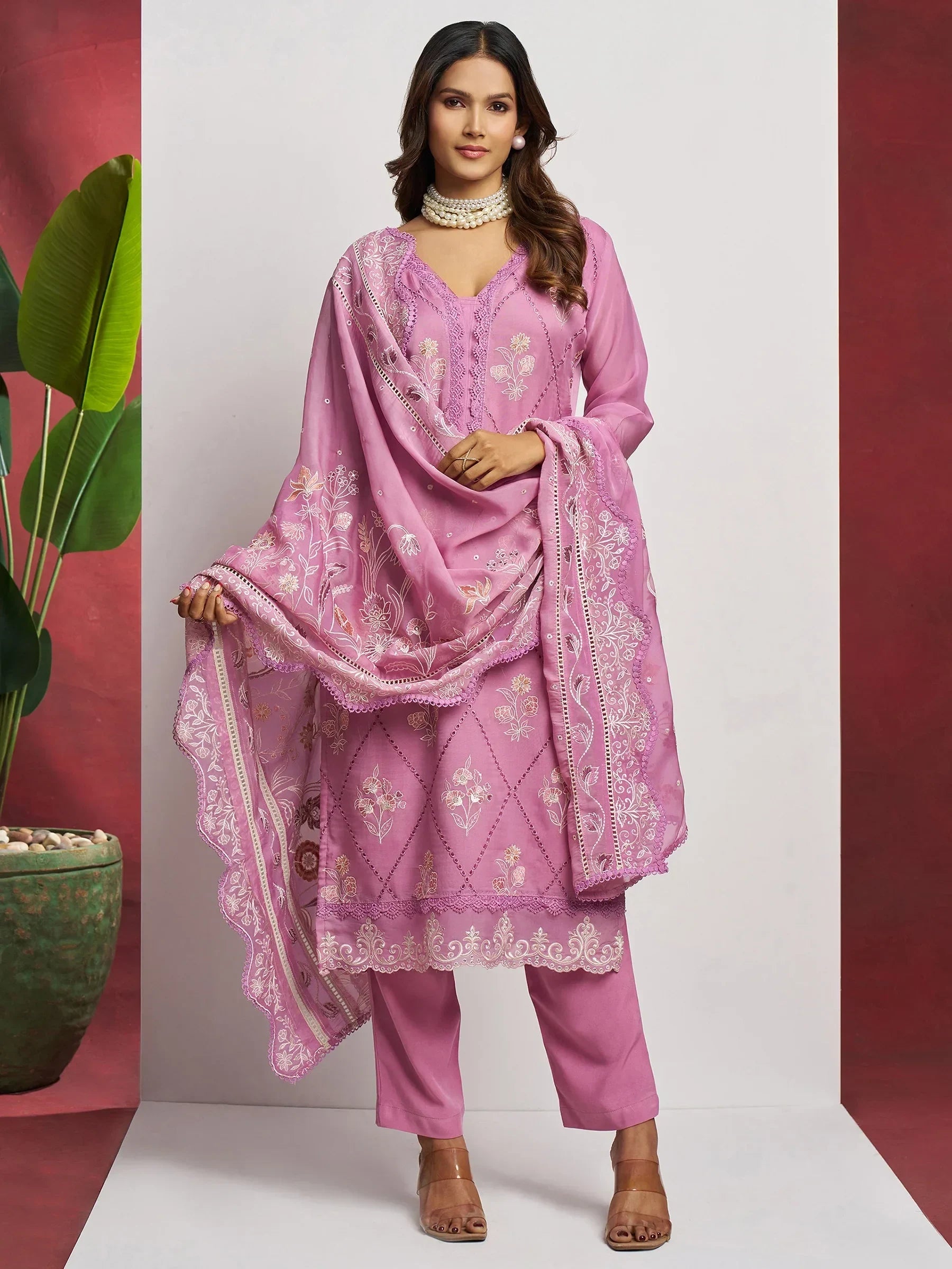 Attractive Pink Floral Embroidered Organza Eid Special Pant Suit - Zeel Clothing