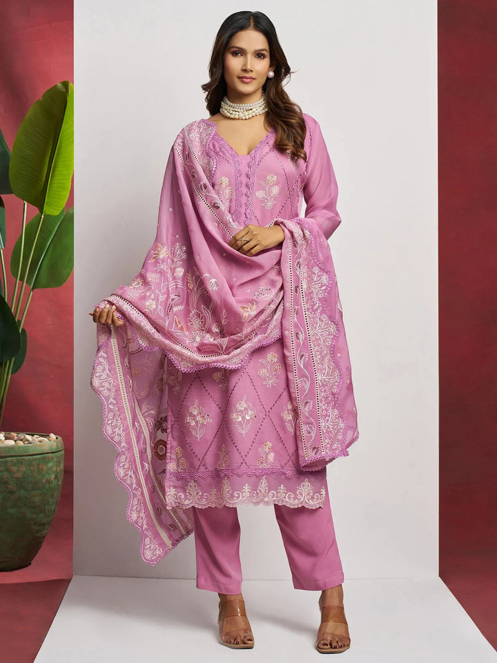 Attractive Pink Floral Embroidered Organza Eid Special Pant Suit - Zeel Clothing