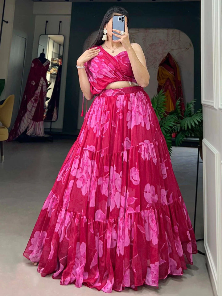 Attractive Pink Floral Printed Chiffon Festive Wear Crop-Top Lehenga