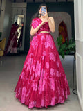 Attractive Pink Floral Printed Chiffon Festive Wear Crop-Top Lehenga - Zeel Clothing